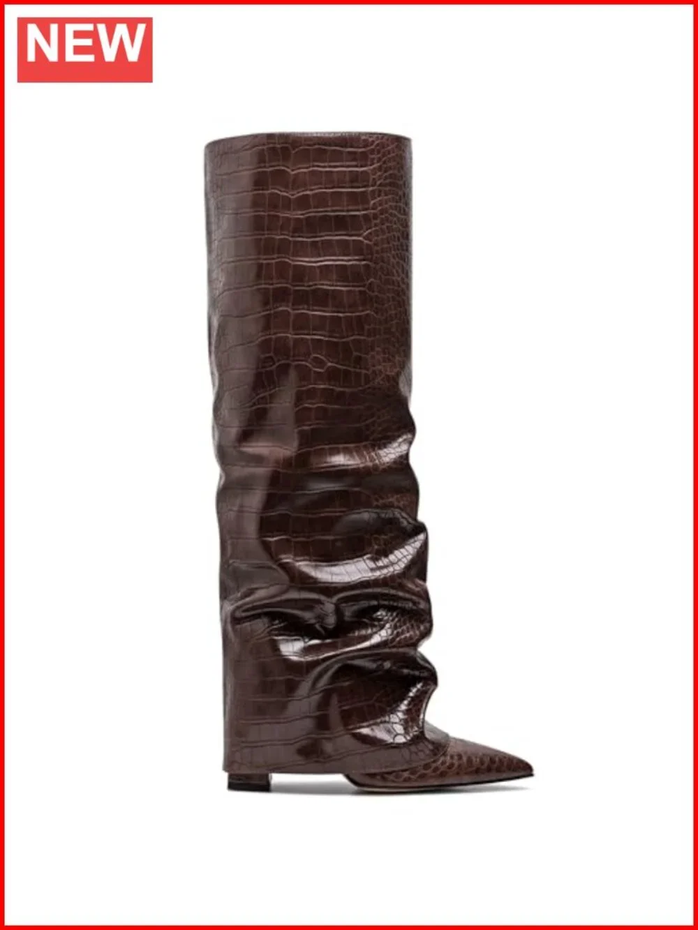 Croc Embossed Wide Calf Knee High Boots 10cm Chunky Block Heel Slip On